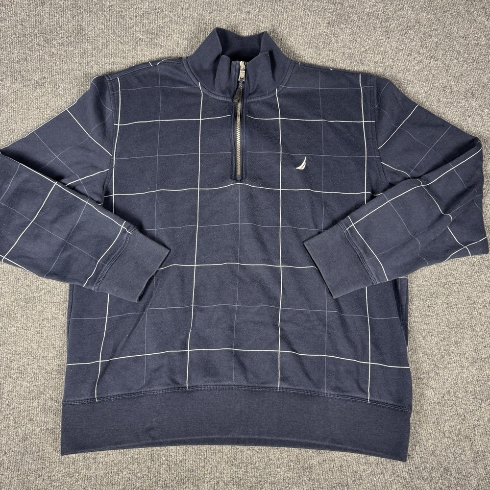 Nautica Men's L Navy Windowpane Quarter Zip Pullover Shirt Preppy Dad-Core